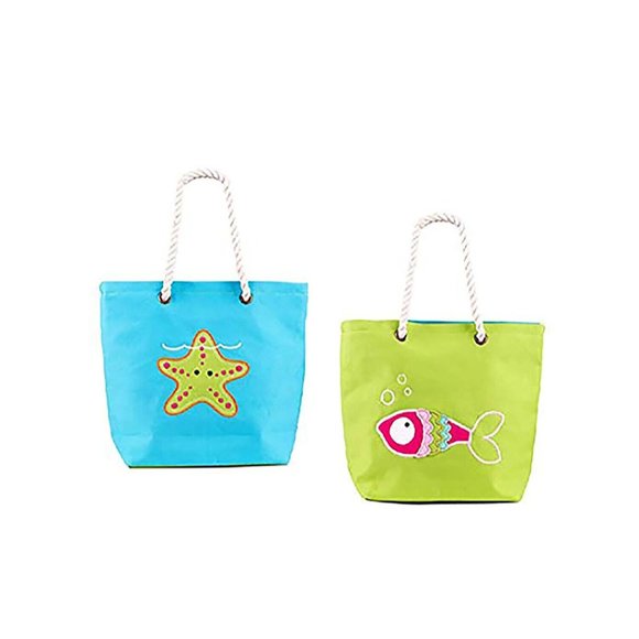 FlapJack Kids Reversible Tote Blue Green Starfish Fish Rope Handles Canvas NWT - Picture 1 of 3